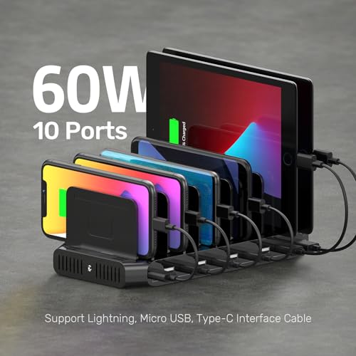 Unitek USB Charging Station, 10 USB Fast Ports Charge Docking Station and Adjustable Dividers, Multi Device Charger Organizer Compatible with iPad, iPhone, Tablet and Cell Phone - color: 60W+10 Port, Black, size: Pack of 1