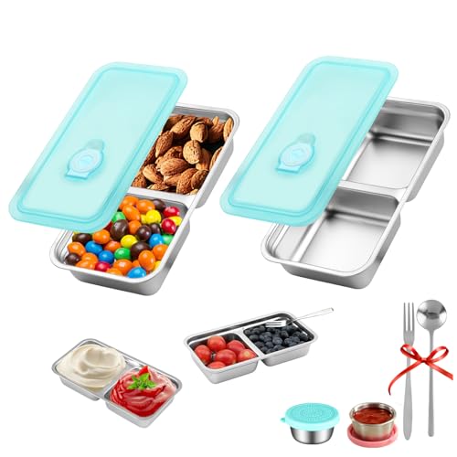 KITHELP 2 Pcs Grab and Go Snack Containers Reusable with Lids, Stainless Steel Double Compartment Snack Containers with 1 Forks 1 Spoons and 2 Salad Dressing Container, for Camping, Lunch, Dessert - color: Blue-2