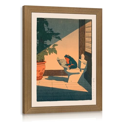 LERVR Wood Framed Funny Frog Bathroom Wall Art, Whimsical Frog Reading Newspaper on Toilet Wall Decor, Cute Animal Bathroom Canvas Print, Humorous Japanese Style Artwork for Restroom 8x10 Inch - color: Frog, size: 10"L x 8"W