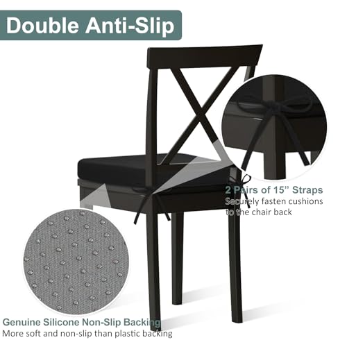 Shinnwa Dining Chair Pads, Patented Design Memory Foam Kitchen Chair Cushions with Ties and Washable Cover, 17" x 16" x 2", Black - color: Black