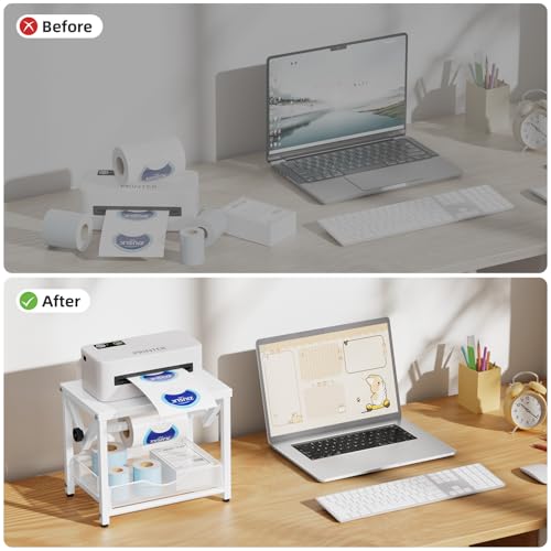 Marbrasse Label Holder for Rolls and Fanfold Labels, Metal Thermal Label Printer Holder with Drawer, Shipping Label Stand, Sticker Roll Holder for Home, Office, Small Business,White - color: White