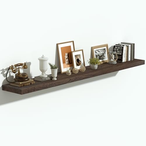 Flat Edge Elm Wood Floating Shelf with Invisible Bracket 55”American Walnut - color: American Walnut, size: 55”,set of 1
