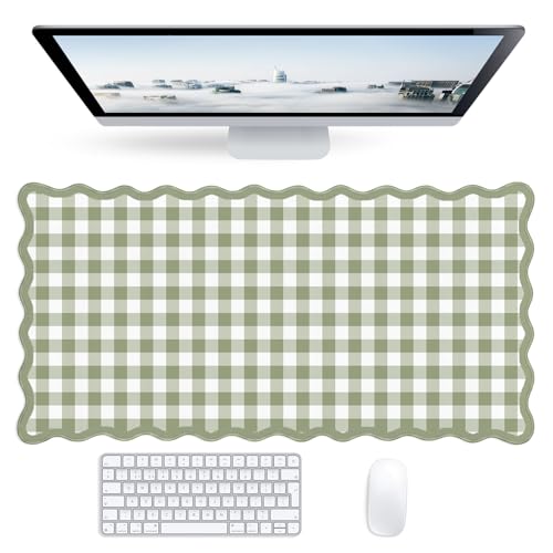 Checkered Green Scalloped Mouse Pad,Cute Kawaii Gingham Large Desk Mat Non-Slip Rubber Base,Aesthetic Decor Gaming Computer Desk Pad for Office Laptop Mouse Keyboard Pad, 31.5" x 15.7", XL - color: Checkered Green