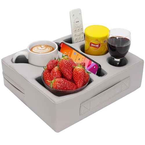 G GOOD GAIN Couch Cup Holder Pillow-Sofa Cup Holder Cozy Buddy | Bed Drink Caddy Holds Tablet, Remote, Snacks | Waterproof Anti-Spill Sofa Beverage Tray for Car, Beach, Picnic, Boat, RV(Light PUGrey) - color: Light Pugray, size: 12.5 x 9.5 inches