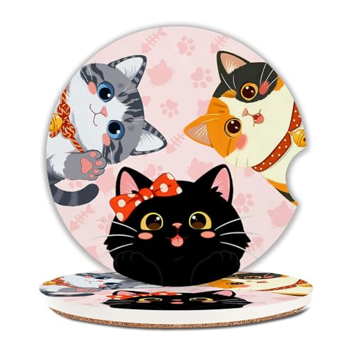 Cats Car Coasters for Cup Holders Set of 2 Pink Paws Absorbent Ceramic Cup Coaster 2.63" Non-Slip Cork Base Drink Coasters with Finger Notch Car Accessories Interior - color: Cute Cat