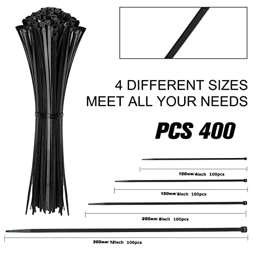 Cable Zip Ties,400 Pack Black Assorted Sizes 12+8+6+4 Inch,Multi-Purpose Self-Locking Nylon Cable Cord Management,Plastic Wire Ties for Home,Office,Garden,Workshop. By HAVE ME TD - color: Black, size: 4+6+8+12-Inch(400PCS Set)