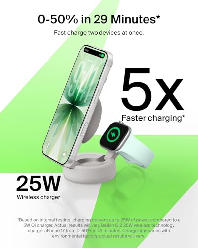 Belkin MagSafe Charger Compatible, 2-in-1 Wireless Charging Station, Qi2.2 25W Convertible Magnetic Charger for iPhone 17, Apple Watch Series 10, Google Pixel 10, and More (45W Adapter Included) - color: Sand, style: 2 in 1