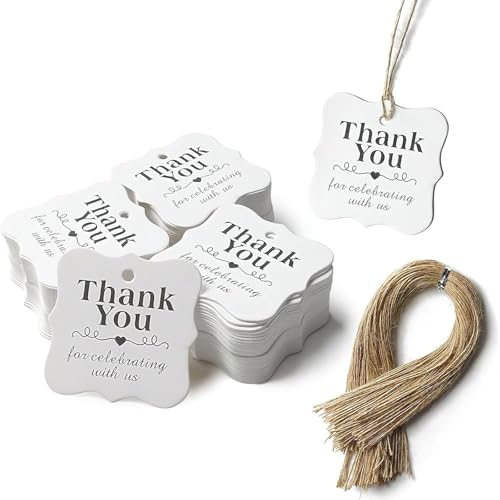 SallyFashion 150 PCS Thank You White Gift Tags with String, 2 x 2 Inches Paper Gift Tags for Party Favors Weddings, Bridal and Baby Showers Birthdays - color: White