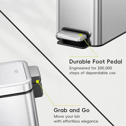 EKO Small Bathroom Trash Can with Lid Soft Close, Step Pedal, 6 Liter / 1.6 Gallon Stainless Steel Garbage Can with Removable Inner Bucket, Anti-Fingerprint Finish (Silver) - color: Stainless Steel, size: 6L