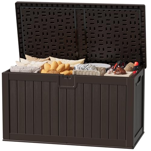 JUMMICO 250 Gallon Outdoor Resin Deck Box with Divider, Waterproof Storage Box with Lockable Lid&Side Handles for Garden Tools, Pools Supplies (Brown) - color: Brown, size: 250 gallon