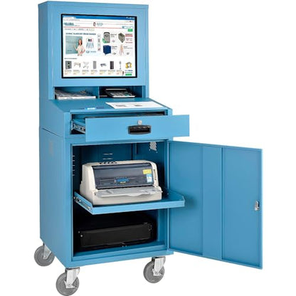 Global Industrial Mobile Security LCD Computer Cabinet Enclosure, Blue | For 24" Diagonal Monitors, Steel Construction, Powder Coat Finish, 24-1/2"W x 22-1/2"D x 62-3/4"H, Unassembled - color: Blue