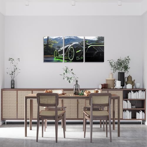 3D Kids Boys Sports Car Canvas Wall Art Set of 3 Green Race Car Wall Art for Kids Teen Boy Boys Racing Cars Wheel Poster Prints Girls Sports,12x16 - color: Black And Green
