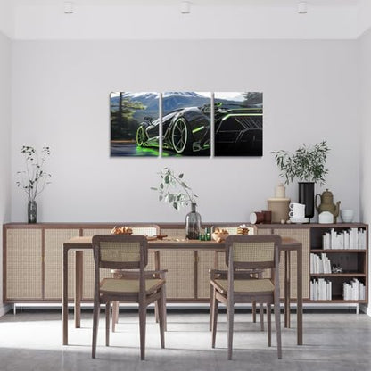 3D Kids Boys Sports Car Canvas Wall Art Set of 3 Green Race Car Wall Art for Kids Teen Boy Boys Racing Cars Wheel Poster Prints Girls Sports,12x16 - color: Black And Green
