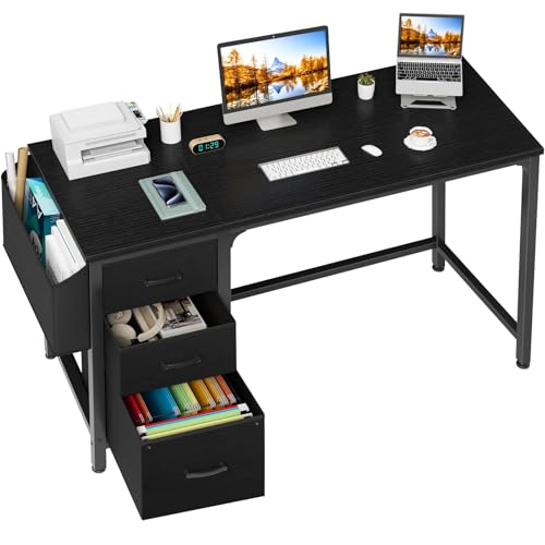 Lufeiya Computer Desk with Fabric File Drawers Cabinet, 55 Inch Reversible Home Office Desks with Filing Cabinet, Study Writing Table PC Desks with Storage for Bedroom, Black - color: Black, size: 54.6"