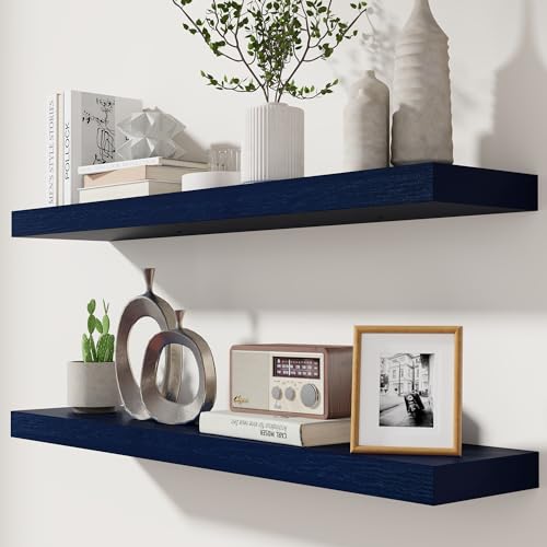 fuqing Dark Blue Floating Shelves 36 Inch, Solid Wooden Wall Shelves Set of 2, Rustic Floating Wall Shelves for Decor & Storage for Living Room Bedroom Bathroom - color: Dark Blue, size: 36 Inch