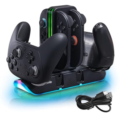 Switch 2 Charging Station for 4 Joy-Con & 2 Pro Controllers, 6-in-1 Fast Charging Dock with RGB LED Indicator, Compatible with Nintendo Switch 2/1/OLED