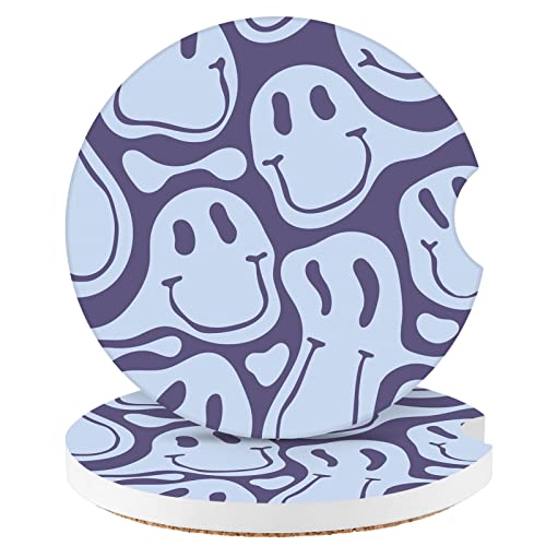 Car Coasters,Purple Smily Absorbent 2 Pack for Cup Holders with Finger Notch,2.56 inches Ceramics Heat Resistant Anti Slip Cork Base Car Drinks Coasters Auto Cup Holder(Blue Smily) - color: Blue Smiley Face
