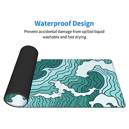 Japanese Green and White Wave Gaming Mouse Pad XL, Non Slip Rubber Base Mousepad, Stitched Edges Desk Pad, Extended Large Mice Pad,31.5 X 11.8 Inch - color: Japanese Green and White Wave