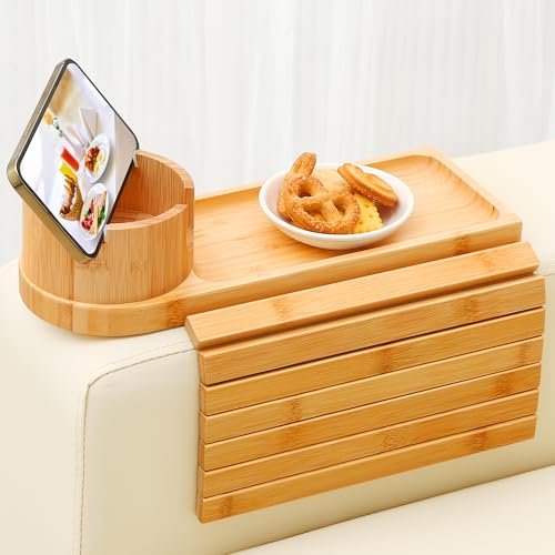 Couch Cup Holder Tray, 15.75" Bamboo Cup Holder for Couch, 3 in 1 Foldable Arm Chair Clip on Side Tray Table for Remote Snack Table on Armrest - color: Bamboo