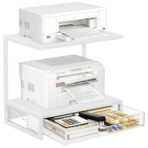 ELITEROO Printer Stand for Desk with Storage Drawer, 2 Tier Desktop or Under Desk Shelf, Wood Desktop Organizer for Home Office, Fits 3D Printer, Scanner, Fax Machine, Cricut, White - color: White with Drawer