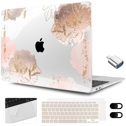 MEEgoodo for MacBook Air 13.3 inch Case 2021 2020 2019 2018 A2337 M1 A2179 A1932, Hard Shell with Keyboard Webcam Cover & Trackpad Film & Type C Adapter for MacBook Air M1, Pink Peony Flowers - color: Pink Peony Flowers