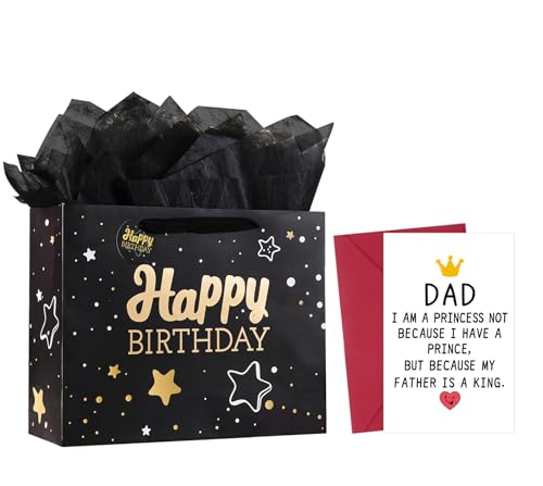 13" Black Happy Birthday Gift Bag with Tissue Paper and Greeting Card for Party,Happy Birthday Gift Bag for Men Fathers, Gift Bags Medium size(1 PCS Black, Attach Dad Cards) - color: 1 PCS Black Hot Stamping+Dad Birthday Cards, size: 1 count (Pack of 1)