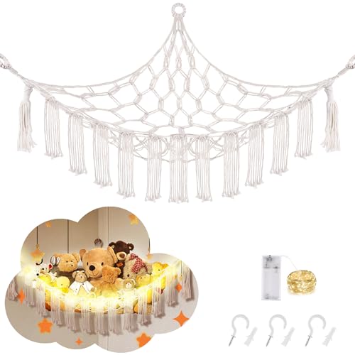 CERETIA Stuffed Animal Hammock with LED Light, Large Stuffed Animals Storage Corner Plushie Net for Kids Room Decor, White - color: White, size: Large-(Package of 1)