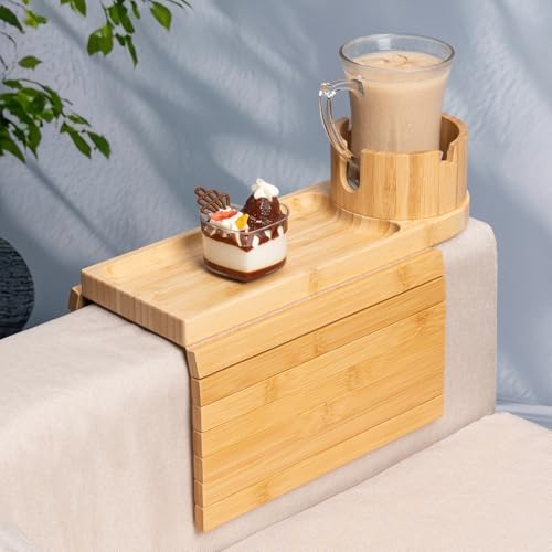Couch Cup Holder Tray for Armrests Over 4.9" Wide, Bamboo Couch Arm Tray with 360° Rotating Phone Stand, 3 in 1 Foldable Sofa Arm Tray Table for Remote, Snacks, Phone, Drinks Natural - color: Natural Colors+bamboo