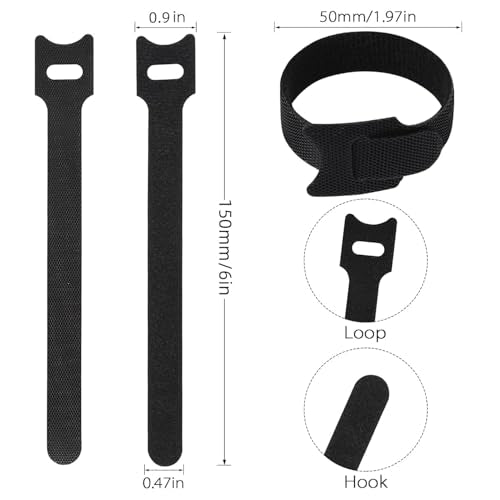 100PCS Hook and Loop Straps - 6 Inch Reusable Cable Ties for Cable Management, Adjustable Cord Organizer Hook & Loop Straps for Home, Office and Data Centers, Black