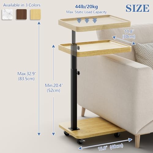 Tv Tray,Adjustable Height C Shaped End Side Table for Eating on Couch That Slide Under,360°Swivel Sofa Snack Dinner Table with Wheels for Living Room and Bedroom, Bed,Chair(Oak+Black) - color: Oak+black