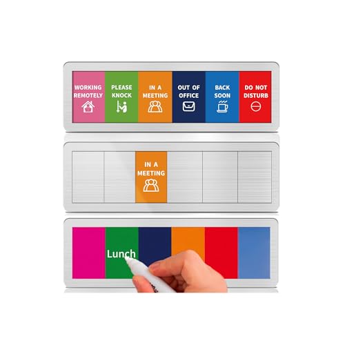 Office Door Signs with 6 Printed Status Options – Do Not Disturb, Out of Office, In a Meeting, Please Knock, Work from Home, Back Soon – Includes Custom Personalized Blank Sticker for Privacy Workspace or Studio Available and Away - style: Brushed Silver