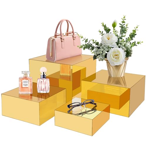 4Pcs Acrylic Risers Display Stands, Food Risers for Buffet Table, Acrylic Cube Mirror Risers for Catering Dessert, Jewelry Collectibles Party, Gold - color: Gold