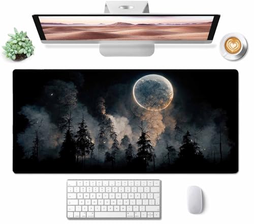 Gaming Mouse Pad, Large Mouse Pads for Desk, Non-Slip Rubber Base Mousepad, Keyboard Mouse Mat, Desk Pad with Stitched Edges, 31.5x15.7 inch Full Moon in The Night Sky Forest Landscape - color: Full Moon in the Night Sky Forest, size: 31.5L x 15.7W inches