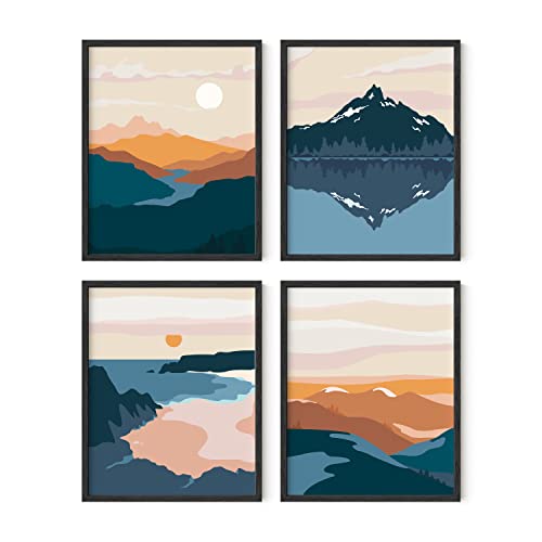 HAUS AND HUES Nature Wall Art Prints Set of 4 - Landscape Mountain Decor, Mid Century Geometric Abstract Art Decor (Black Framed, 16x20) - color: Mid-century Mountain Landscape, size: 16x20, style: Black Framed