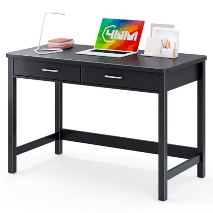 4NM 39.4" Small Desk with Wood Drawers, Home Office Computer Desk with Wooden Legs, Study Writing Table Vanity Desk for Small Spaces - Black - color: Black