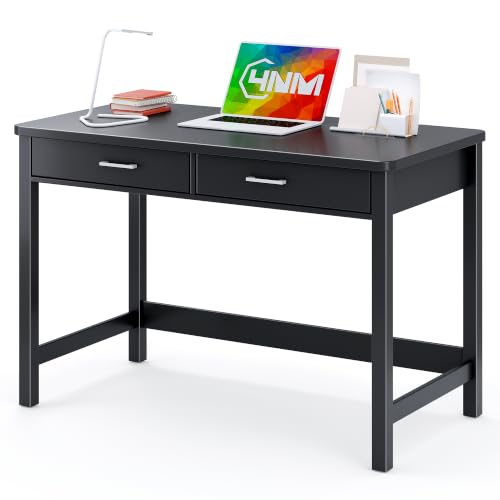 4NM 39.4" Small Desk with Wood Drawers, Home Office Computer Desk with Wooden Legs, Study Writing Table Vanity Desk for Small Spaces - Black - color: Black