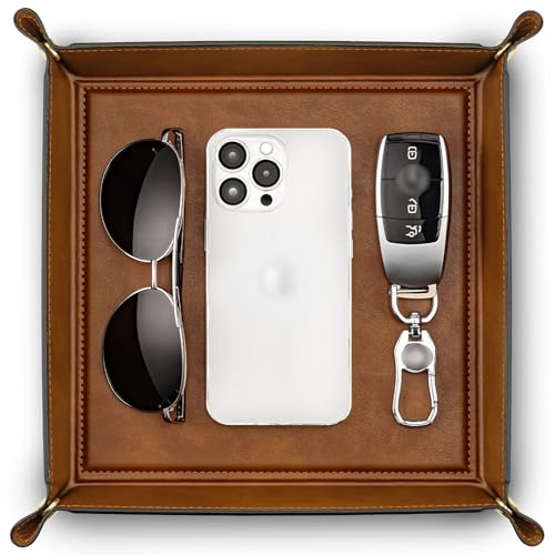 VLANDO Valet Tray Organizer, PU Leather Catchall Tray for Travel | Foldable valet tray for travel, hotel stays and daily carry items like keys, wallet, watch, jewelry and headphones - color: A-Light Brown, size: 11'' x 11'' x 0.2''