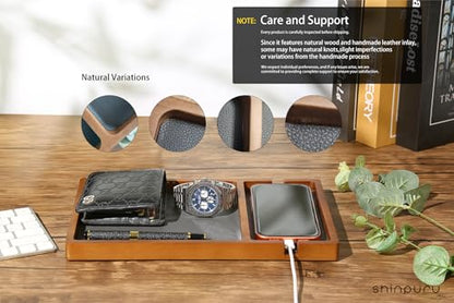 Shinpuru Wooden Valet Tray for Men, Nightstand Organizer with Leather Inlay, EDC Essentials Catchall Tray for Keys, Phone, Wallet, Watch, Earbuds - Bedside Desk Entryway Tray (Wood-Phone) - color: Brown-Ph