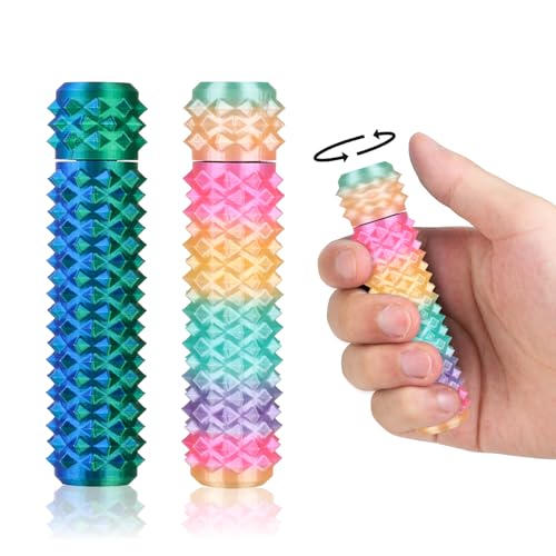 Little Ouchies Pain Stim Fidget Toy, 3D Printed Pocket Spiky Keychain with Clicker Button Spinner Sensory Toys for Anxiety Focus & Stress Reduction Novelty Gifts（Yellow Green+Rainbow Candy） - color: Yellow Green+rainbow Candy