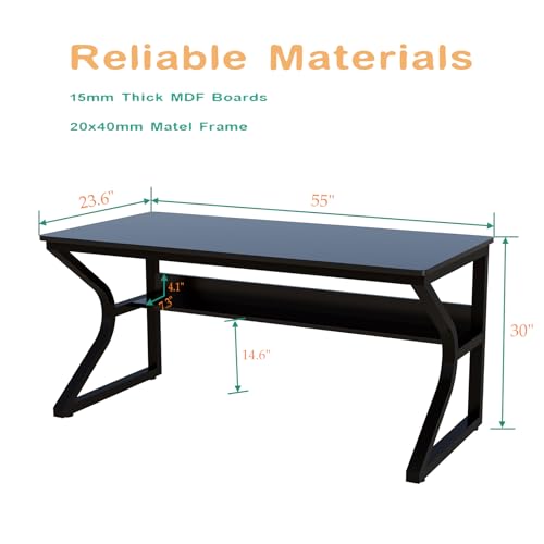 OSCHF Extra Long Desk with Bookshelf - 55" Double Long Writing Table for 2-Person Workstation, Modern Study Work Computer Desk for Home and Office, Black - color: Black, size: 55x23.6 inch