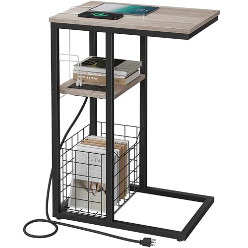 Vagusicc C Shaped End Table with Charging Station, Side Table for Couch, Small Side End Table for Small Spaces, 28" High Slide Under Sofa Table for Coffee, Tv Tray Table for Living Room, Greige - color: Greige