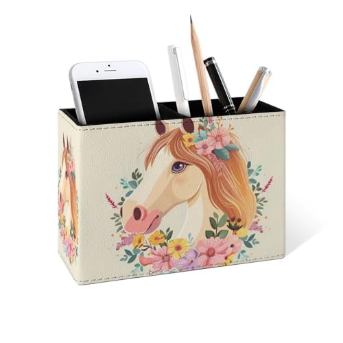 Famame Cartoon White Horse Wreath Pencil Holder for Desk, Leather Desktop Container Pen Cup Storage Study Table Pen Organizer Makeup Brush Holder for Classroom Office Home - color: White Horse Wreath