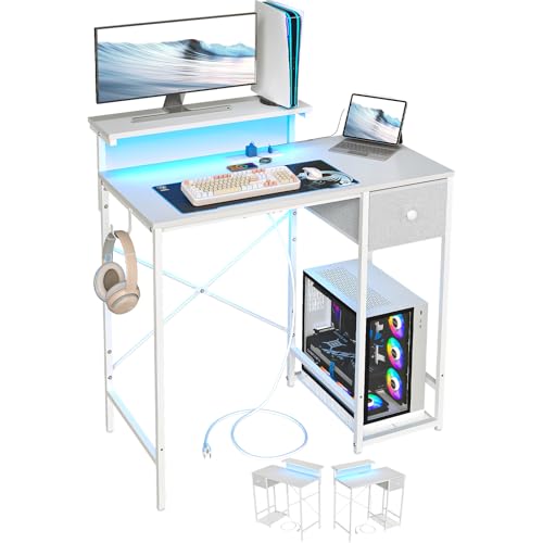 X-cosrack 33.5" Small Computer Desk with Monitor Stand & Outlets, Small Gaming Desk with LED Light & CPU Stand, Teen Study Writing Table with Storage Drawer, Side Hooks for Bedroom, Home Office White - size: 33.5" White with Normal Monitor Stand