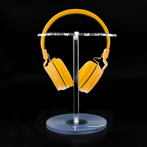 Clear Acrylic Headphone Stand with Patterned Base – Universal Holder for AirPods Max, Gaming & Wireless Headphones – Space-Saving Desk Organizer for Home & Gaming Setup (Black Record/LP) - style: Black Record/LP