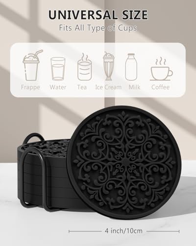 Drink Coasters, Coasters Set of 6 for Cup with Holder, Non-Slip Silicone Cup Mats for Hot and Cold Drinks, Cute Absorbent Coffee Bar Accessories Table Decor, Black - color: Black