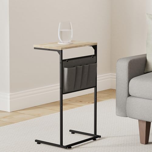Vantic C Shaped End Table, Small Side Table for Couch and Recliner, Slide Under Sofa Tray Desk with Storage Bag for Living Room and Bedroom, Greige - color: Greige