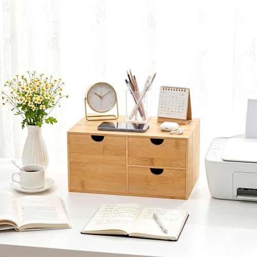 Wisuce Desk Organizer with Drawers - Bamboo Desktop Organizer Storage Natural Wood Desk Drawers Organizer for Bills, Office Supplies, Cosmetics, Seals No Assembly Required 3 Drawers（left-right) - color: Natural-3 Drawers Left Right, size: 12.2"L x 8.66"W