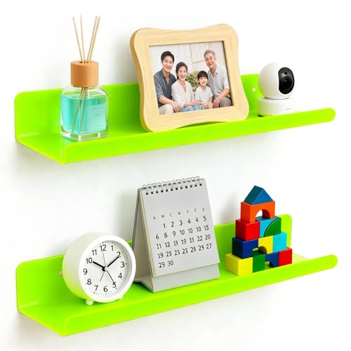 ROYALITA Small Acrylic Shelves Wall Mounted | Set of 2 | 17 Inches | Wall Hanging Plant Display Shelves, Room Decor Floating Wall Shelves for Gaming Room Bedroom, Living Room, Office, Green - color: Neon Green, size: 17 Inch