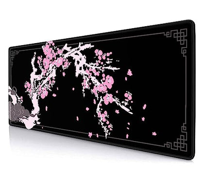 Japanese Pink Cherry Blossom Desk Pad, Black Long Mouse Pad Deskmat, Cute Desk Mat for Desktop, Women Computer Laptop Protector Writing Pads for School Office, 31.5 X 11.8 in- Sakura Flowers - color: Cherry Blossom Art