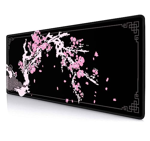 Japanese Pink Cherry Blossom Desk Pad, Black Long Mouse Pad Deskmat, Cute Desk Mat for Desktop, Women Computer Laptop Protector Writing Pads for School Office, 31.5 X 11.8 in- Sakura Flowers - color: Cherry Blossom Art